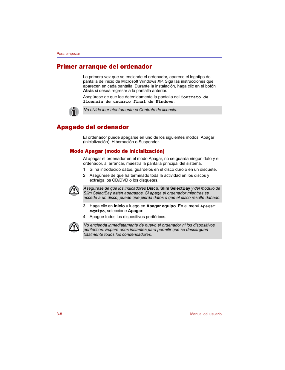 Primer arranque del ordenador, Apagado del ordenador, Modo apagar (modo de inicialización) | Modo apagar (modo de inicialización) -8 | Toshiba Tecra M3 with VACF User Manual | Page 70 / 256