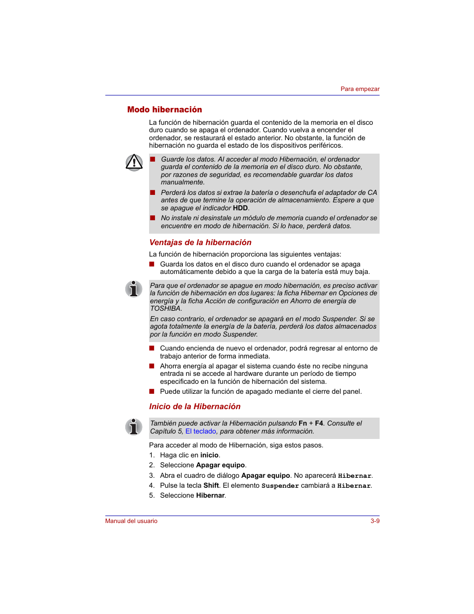 Modo hibernación, Modo hibernación -9 | Toshiba Tecra M3 with VACF User Manual | Page 71 / 256