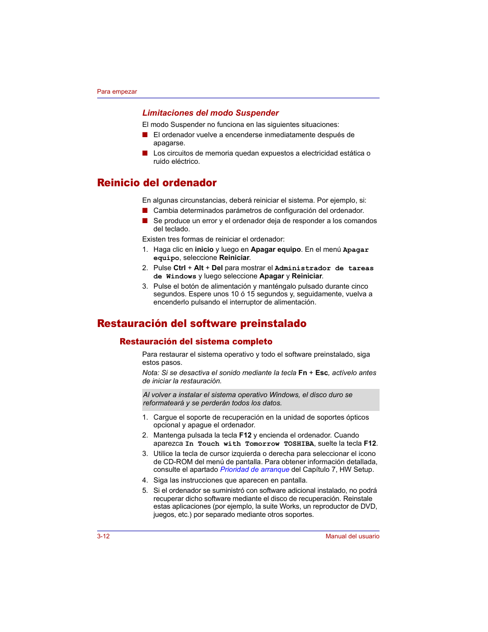 Reinicio del ordenador, Restauración del software preinstalado, Restauración del sistema completo | Restauración del sistema completo -12 | Toshiba Tecra M3 with VACF User Manual | Page 74 / 256