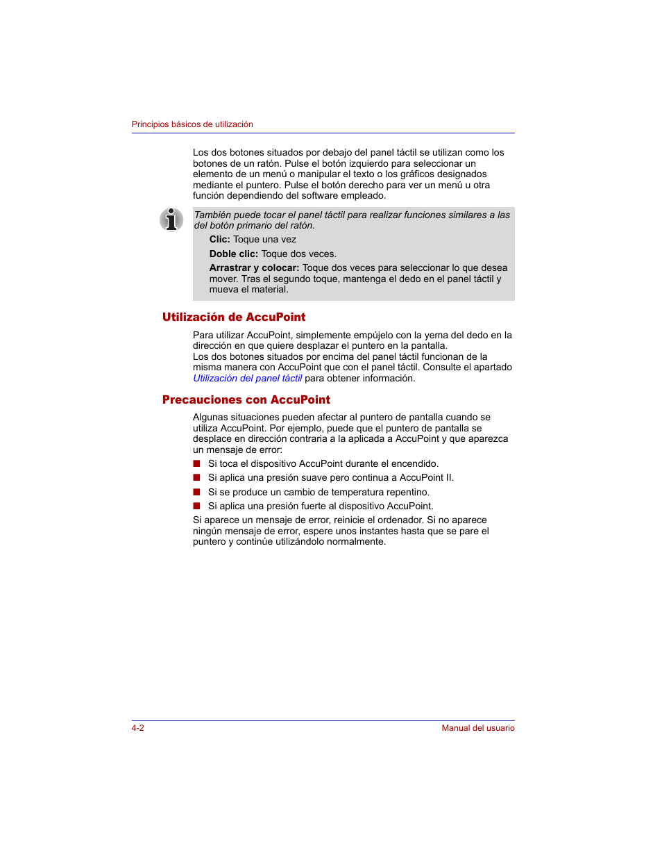 Utilización de accupoint, Precauciones con accupoint | Toshiba Tecra M3 with VACF User Manual | Page 78 / 256