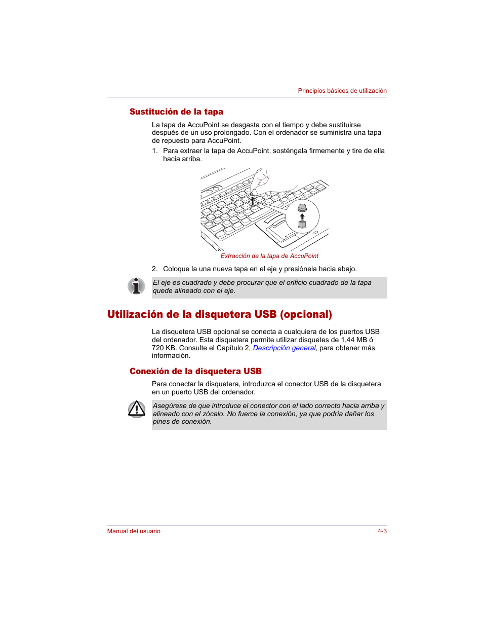 Sustitución de la tapa, Utilización de la disquetera usb (opcional), Conexión de la disquetera usb | Sustitución de la tapa -3, Utilización de la disquetera usb (opcional) -3, Conexión de la disquetera usb -3 | Toshiba Tecra M3 with VACF User Manual | Page 79 / 256