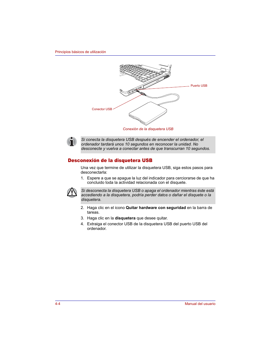 Desconexión de la disquetera usb, Desconexión de la disquetera usb -4 | Toshiba Tecra M3 with VACF User Manual | Page 80 / 256