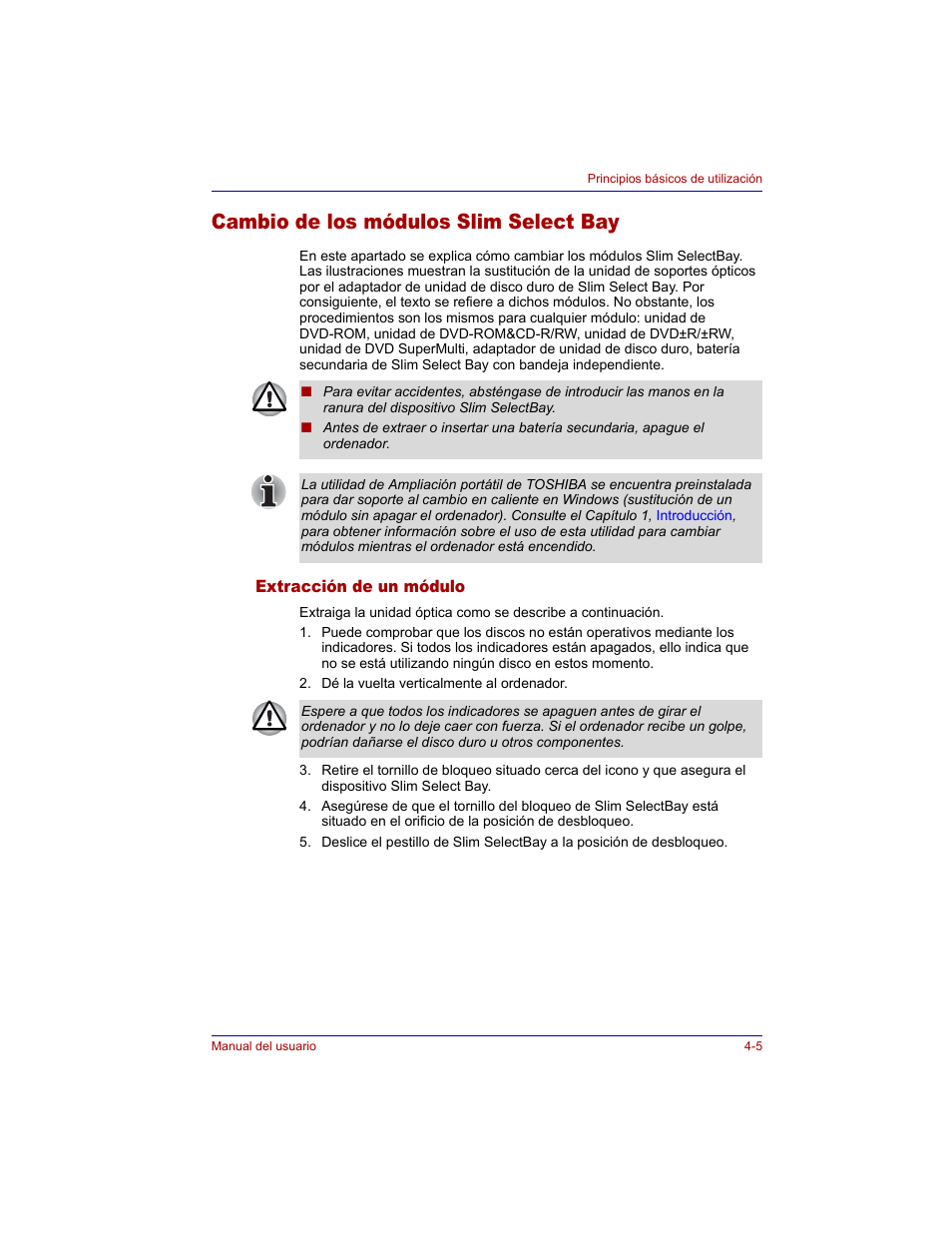 Cambio de los módulos slim select bay, Extracción de un módulo, Cambio de los módulos slim select bay -5 | Extracción de un módulo -5 | Toshiba Tecra M3 with VACF User Manual | Page 81 / 256