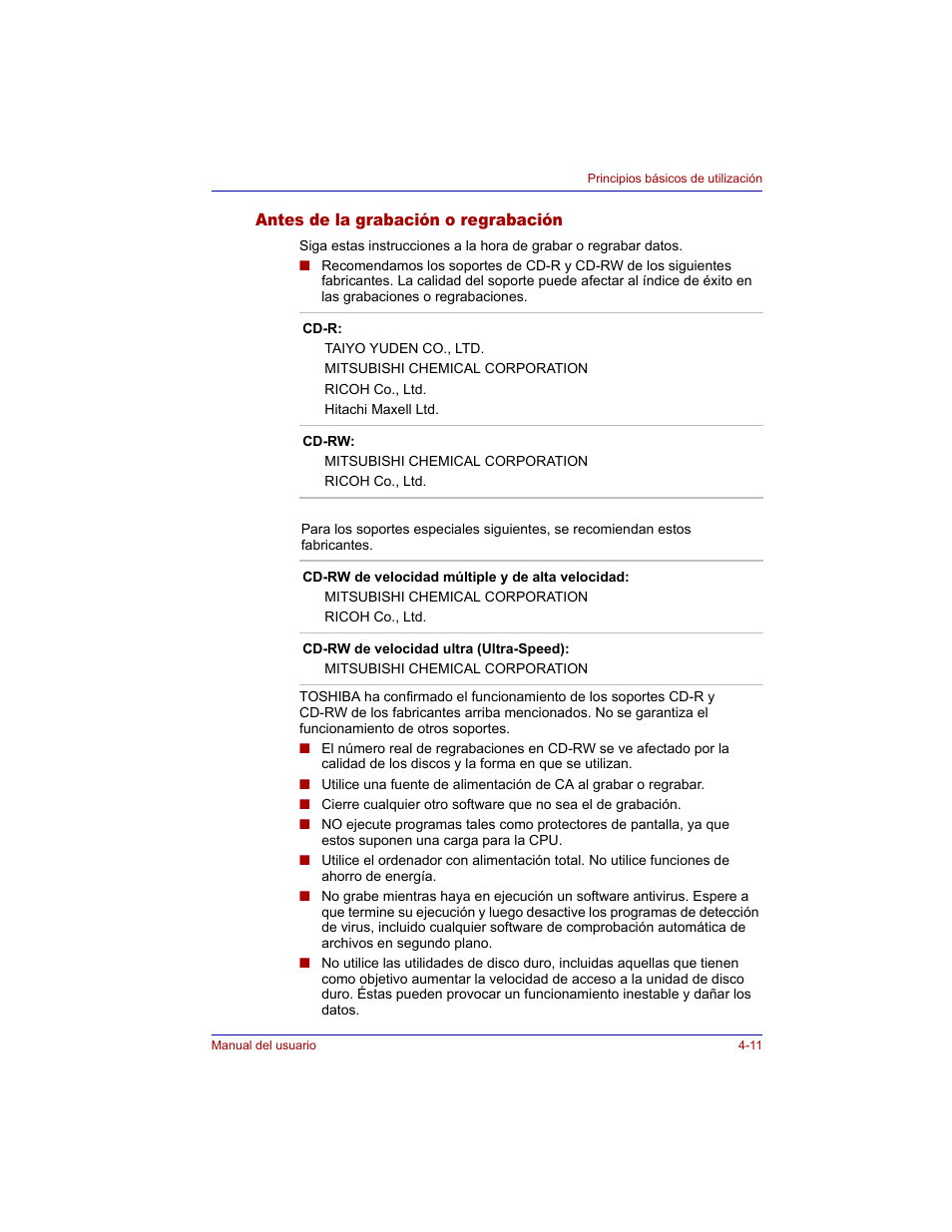 Antes de la grabación o regrabación, Antes de la grabación o regrabación -11 | Toshiba Tecra M3 with VACF User Manual | Page 87 / 256