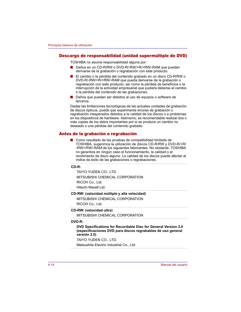 Antes de la grabación o regrabación | Toshiba Tecra M3 with VACF User Manual | Page 90 / 256