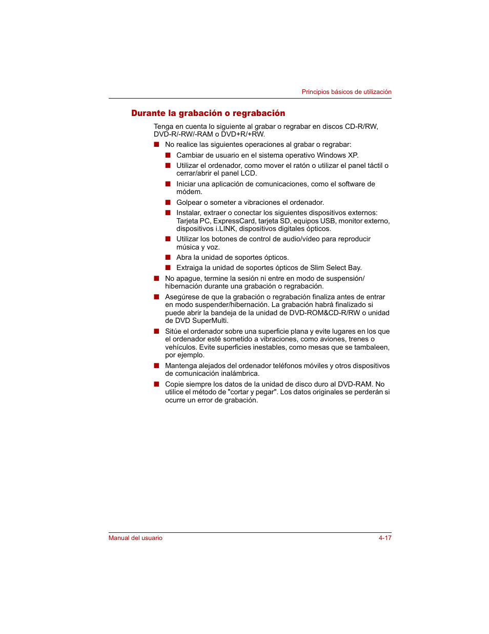 Durante la grabación o regrabación, Durante la grabación o regrabación -17 | Toshiba Tecra M3 with VACF User Manual | Page 93 / 256