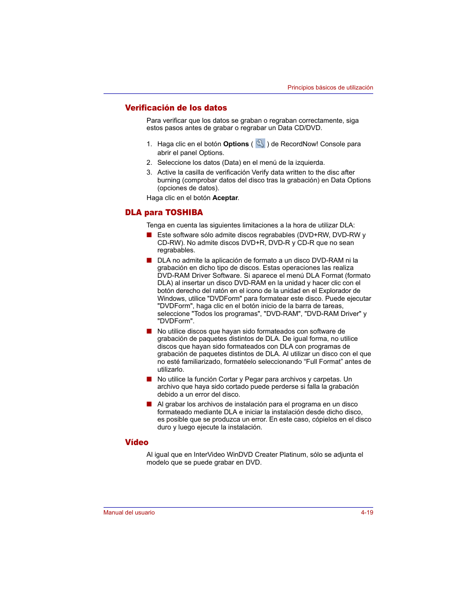 Verificación de los datos, Dla para toshiba, Vídeo | Toshiba Tecra M3 with VACF User Manual | Page 95 / 256