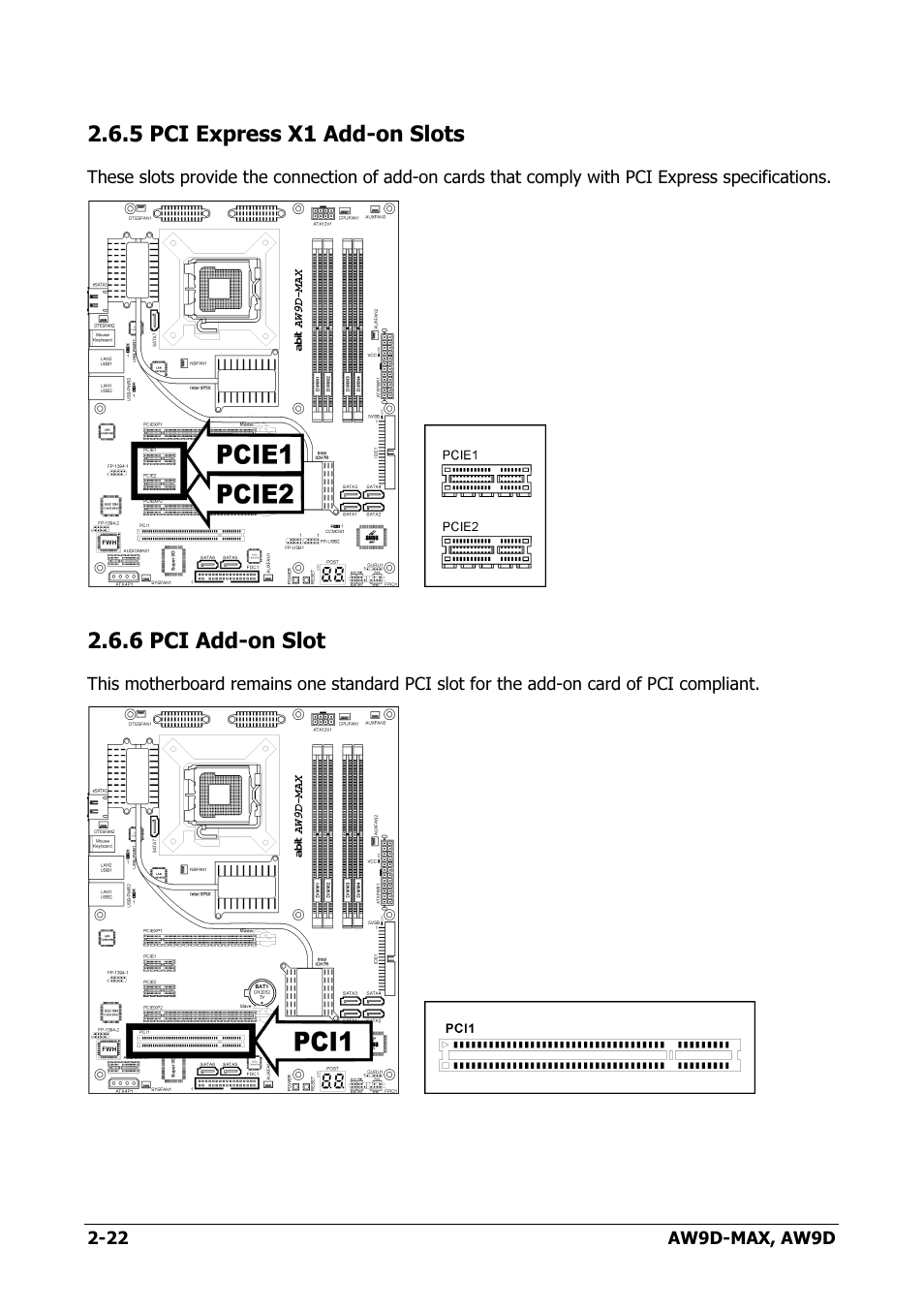 Pci express x1 add-on slots, Pci add-on slot, 5 pci express x1 add-on slots -22 | 6 pci add-on slot -22 | Abit AW9D-MAX User Manual | Page 30 / 88