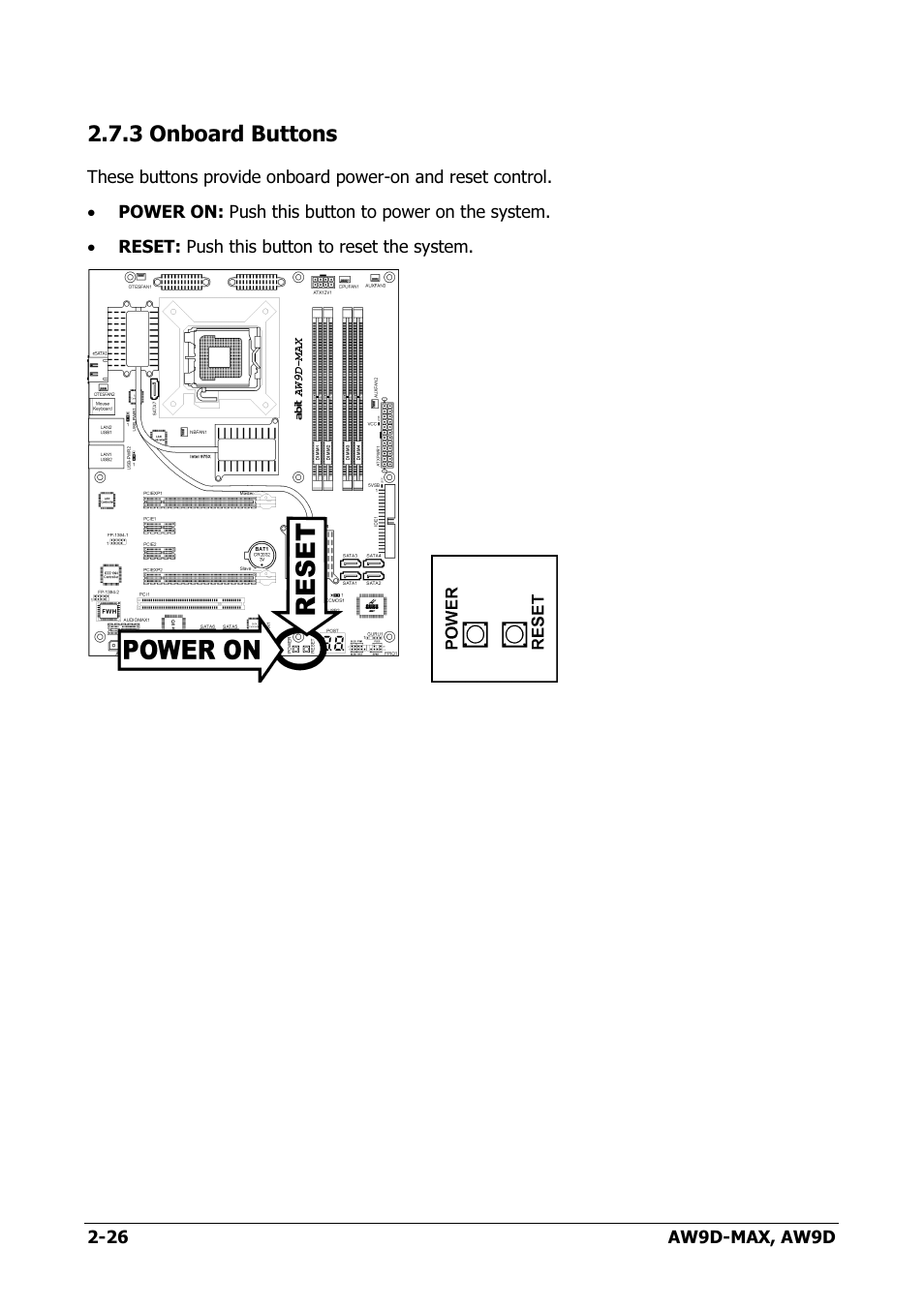 Onboard buttons, 3 onboard buttons -26, 3 onboard buttons | Abit AW9D-MAX User Manual | Page 34 / 88