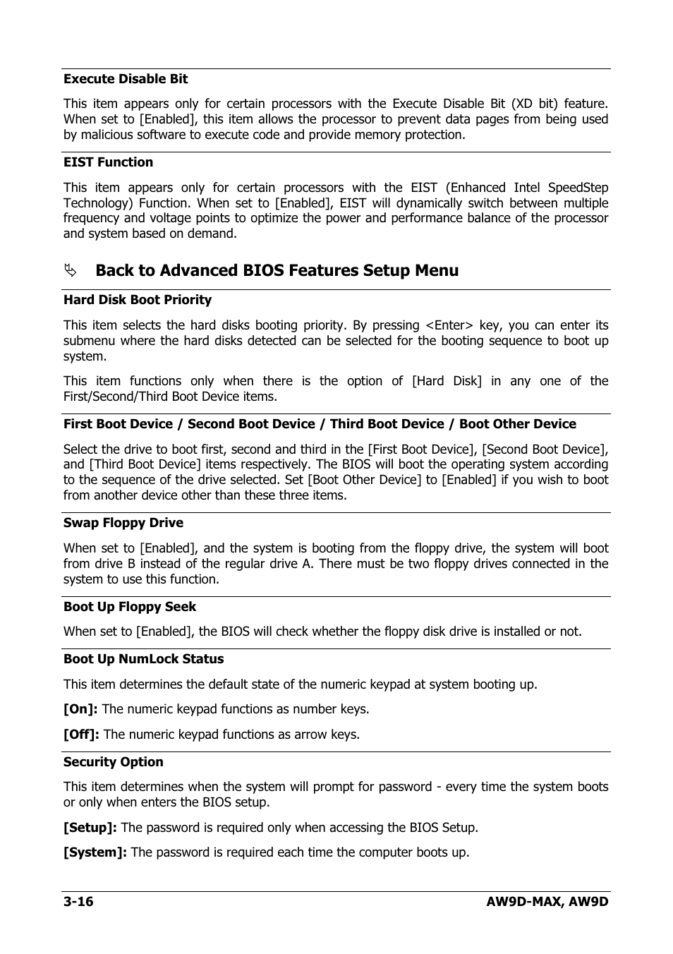 Back to advanced bios features setup menu | Abit AW9D-MAX User Manual | Page 52 / 88