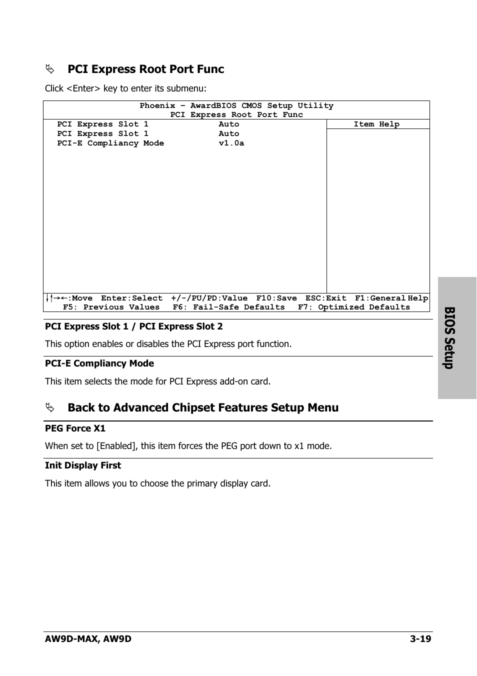Bios setup, Pci express root port func, Back to advanced chipset features setup menu | Abit AW9D-MAX User Manual | Page 55 / 88