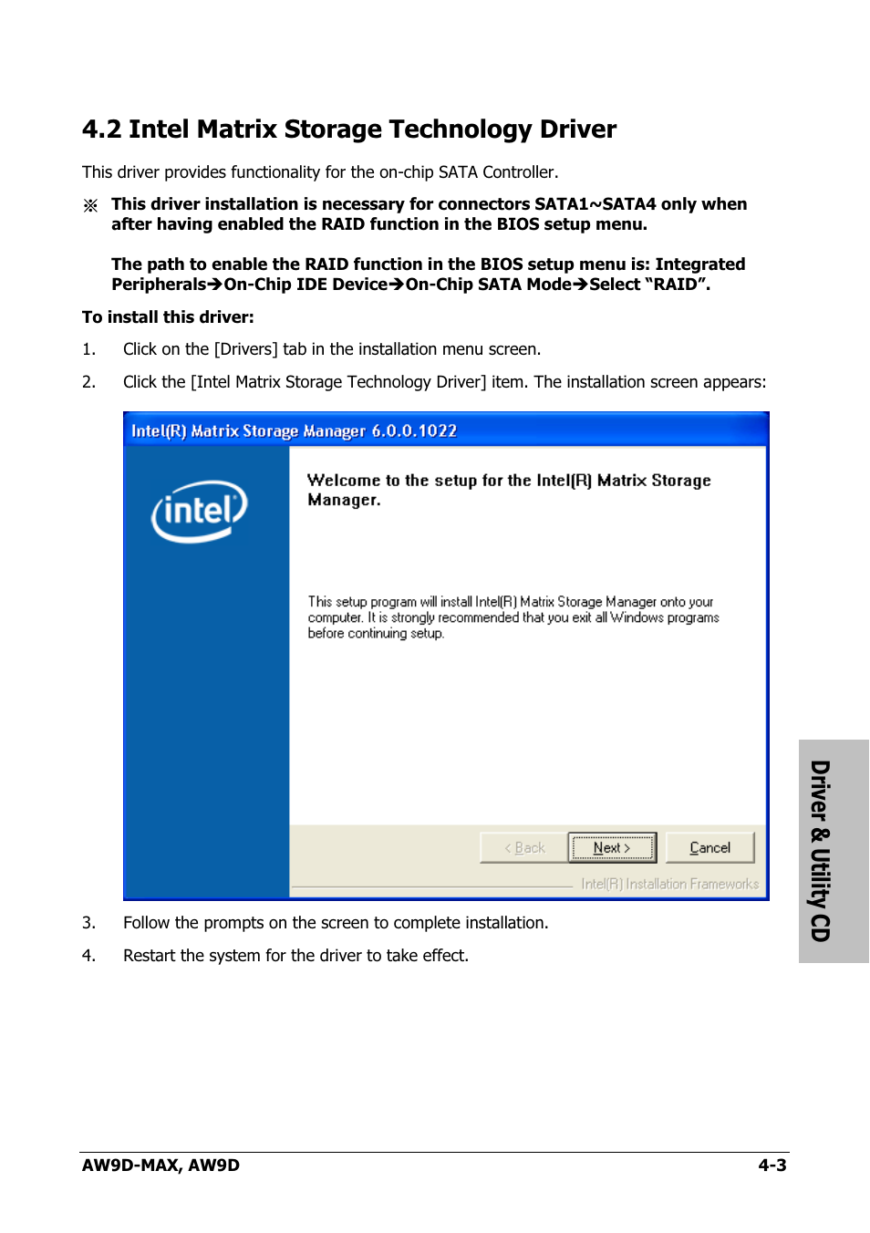 Intel matrix storage technology driver, 2 intel matrix storage technology driver -3, Driver & utility cd | 2 intel matrix storage technology driver | Abit AW9D-MAX User Manual | Page 71 / 88
