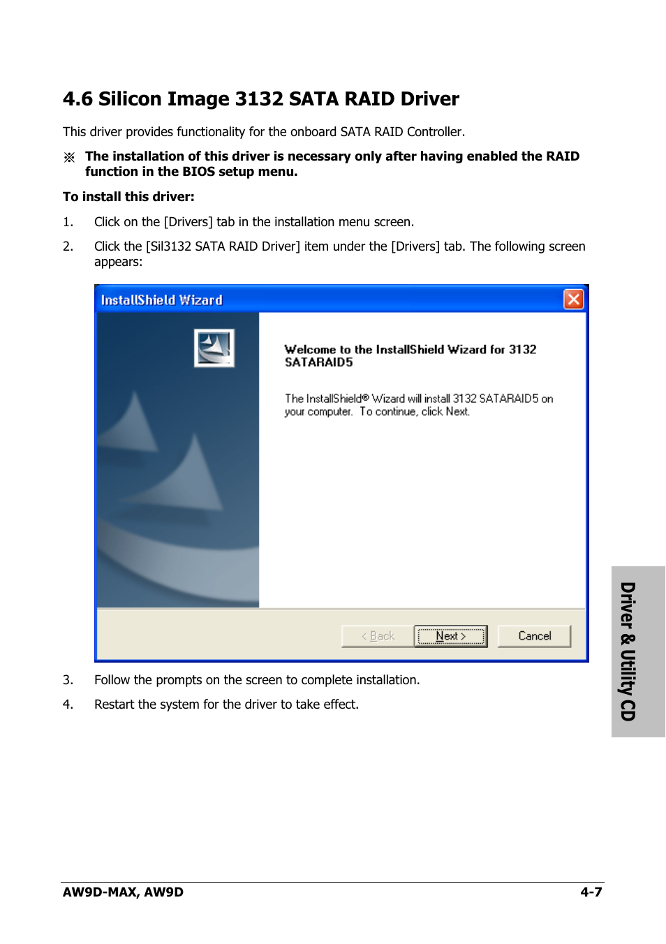 Silicon image 3132 sata raid driver, 6 silicon image 3132 sata raid driver -7, Driver & utility cd | Abit AW9D-MAX User Manual | Page 75 / 88