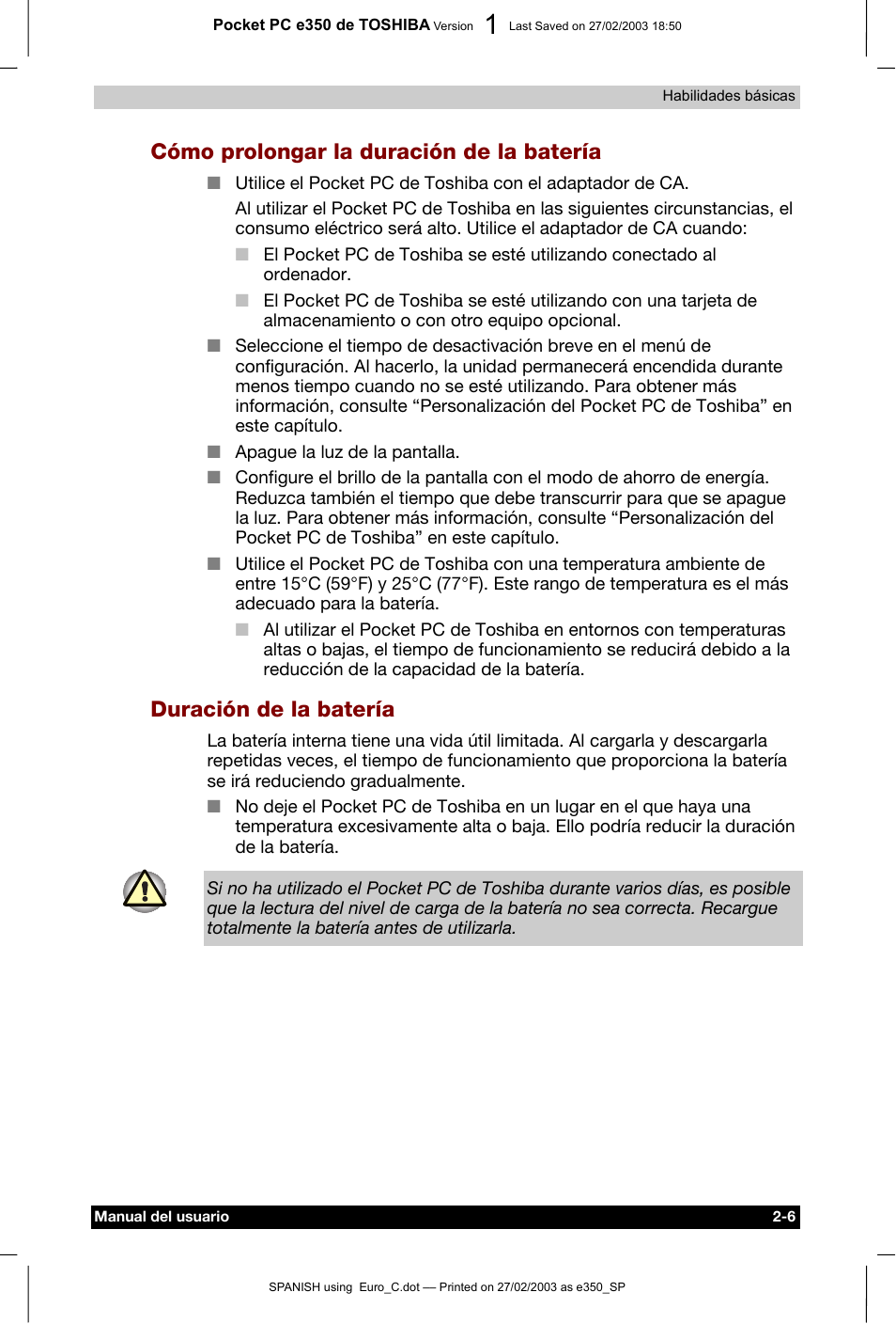 Cómo prolongar la duración de la batería, Duración de la batería, Batería -6 | Toshiba Pocket PC e330 User Manual | Page 24 / 109