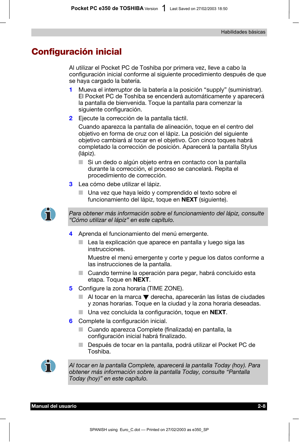 Configuración inicial | Toshiba Pocket PC e330 User Manual | Page 26 / 109