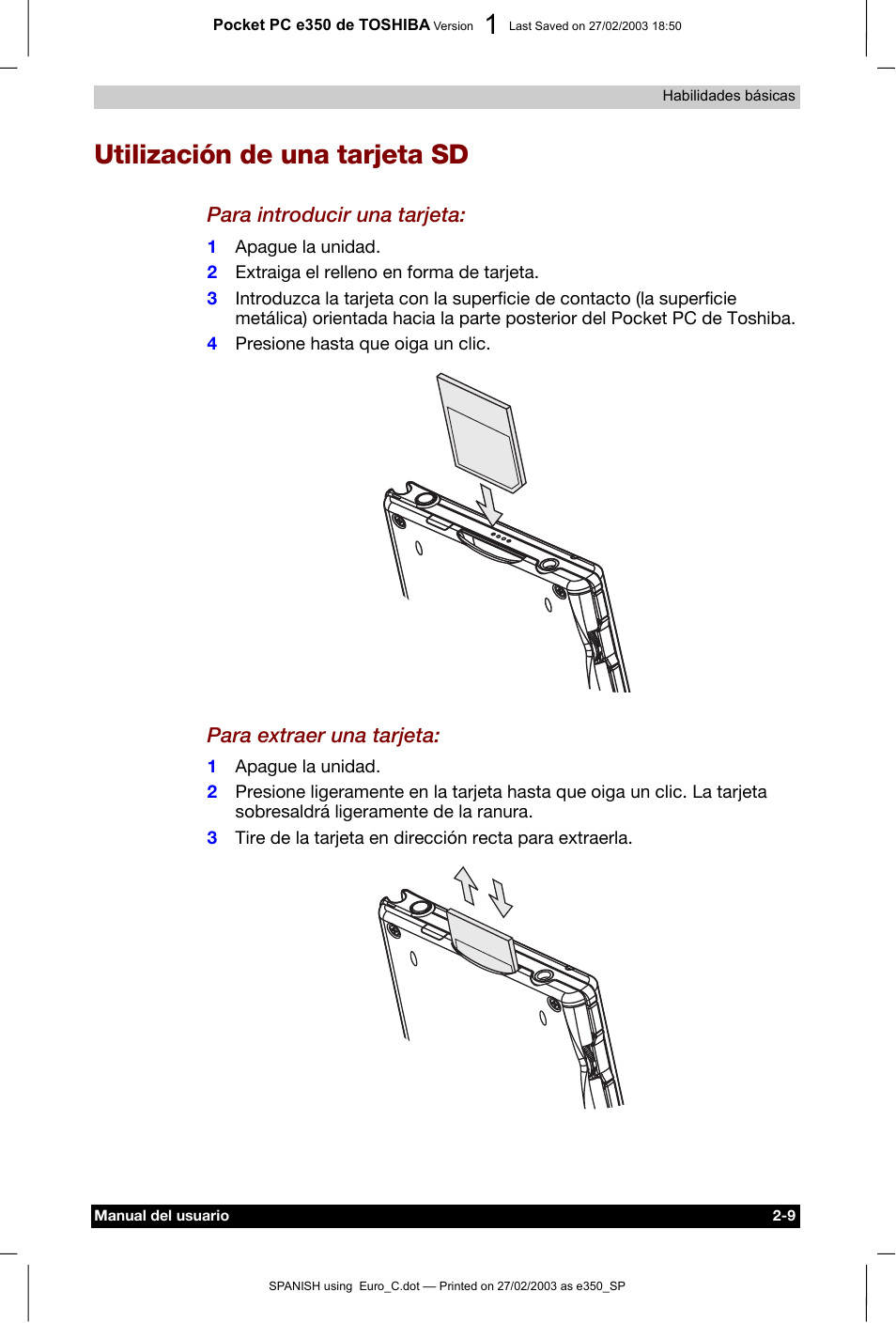 Utilización de una tarjeta sd, Para introducir una tarjeta, Para extraer una tarjeta | Toshiba Pocket PC e330 User Manual | Page 27 / 109