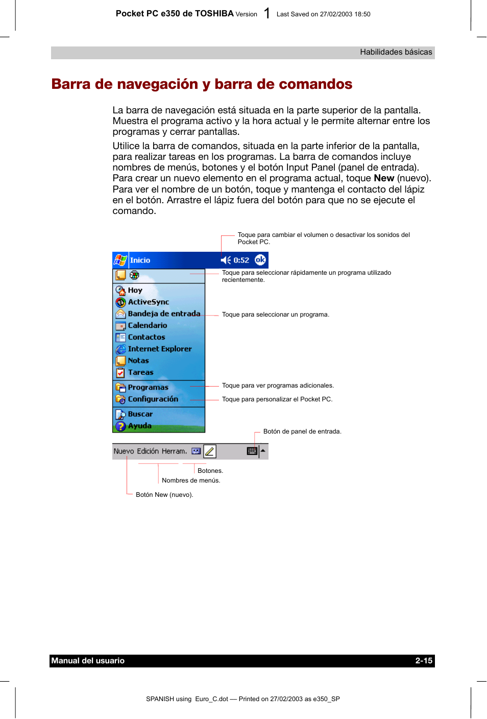 Barra de navegación y barra de comandos | Toshiba Pocket PC e330 User Manual | Page 33 / 109