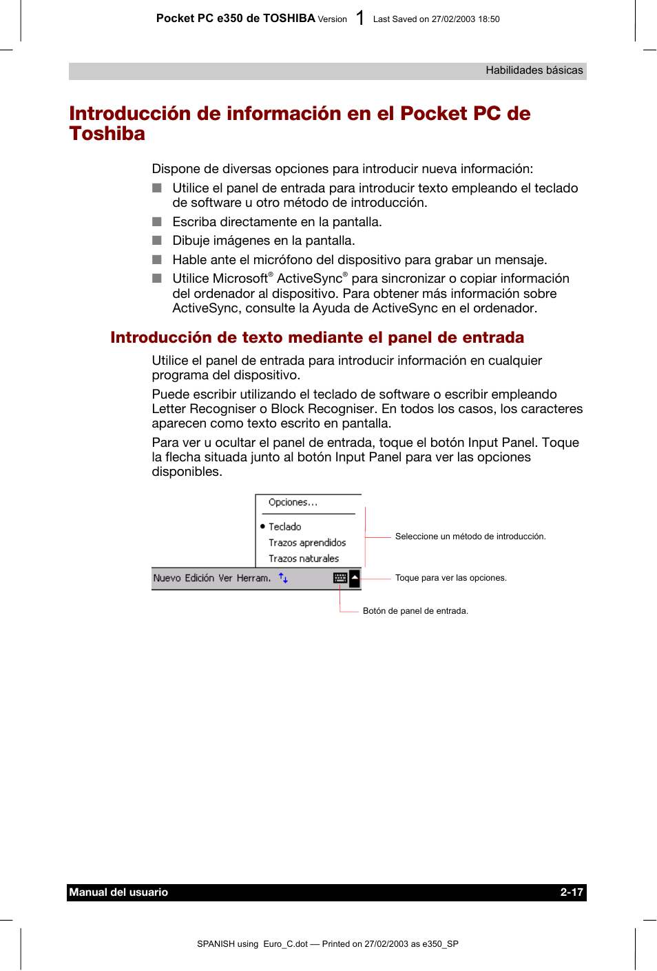 Introducción de texto mediante el panel de entrada | Toshiba Pocket PC e330 User Manual | Page 35 / 109