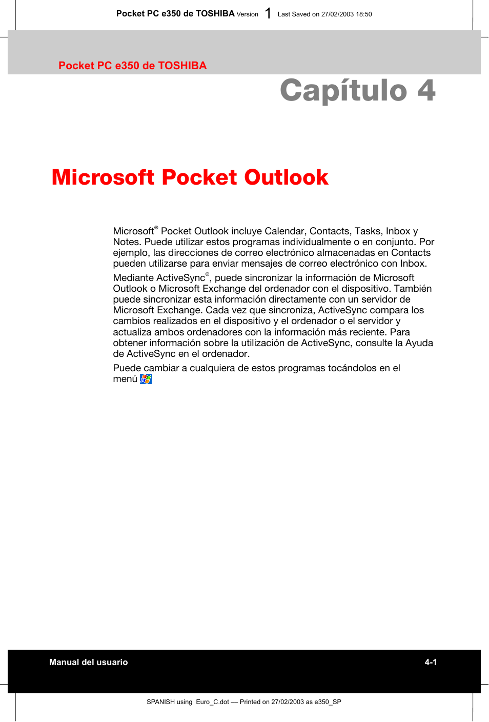 Capítulo 4 microsoft pocket outlook, Capítulo 4, Microsoft pocket outlook | Toshiba Pocket PC e330 User Manual | Page 55 / 109