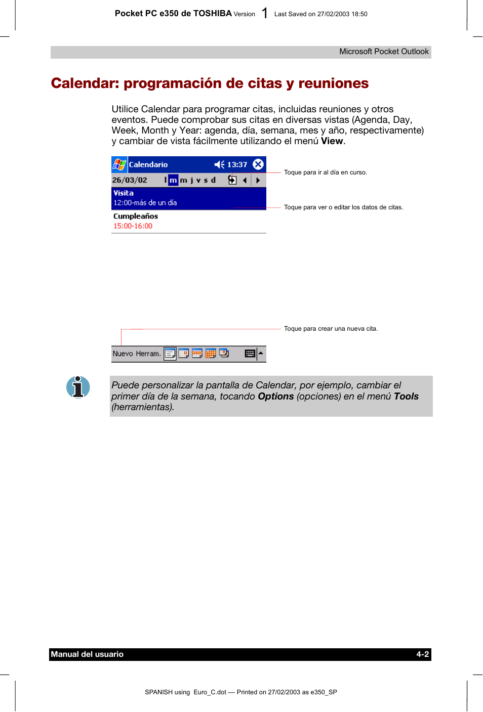 Calendar: programación de citas y reuniones | Toshiba Pocket PC e330 User Manual | Page 56 / 109