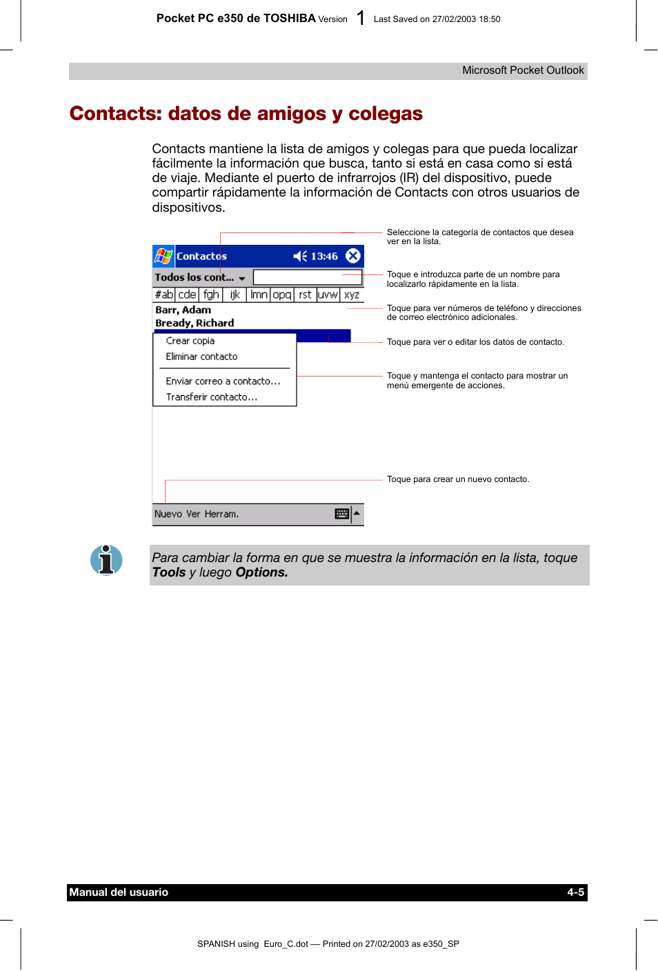 Contacts: datos de amigos y colegas | Toshiba Pocket PC e330 User Manual | Page 59 / 109