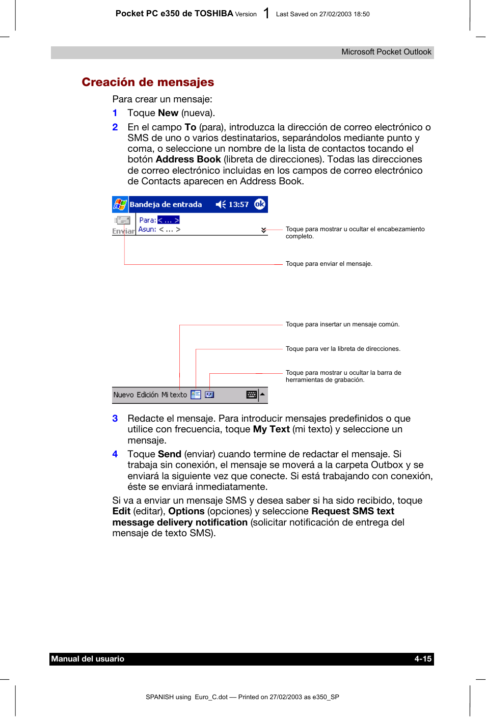 Creación de mensajes | Toshiba Pocket PC e330 User Manual | Page 69 / 109