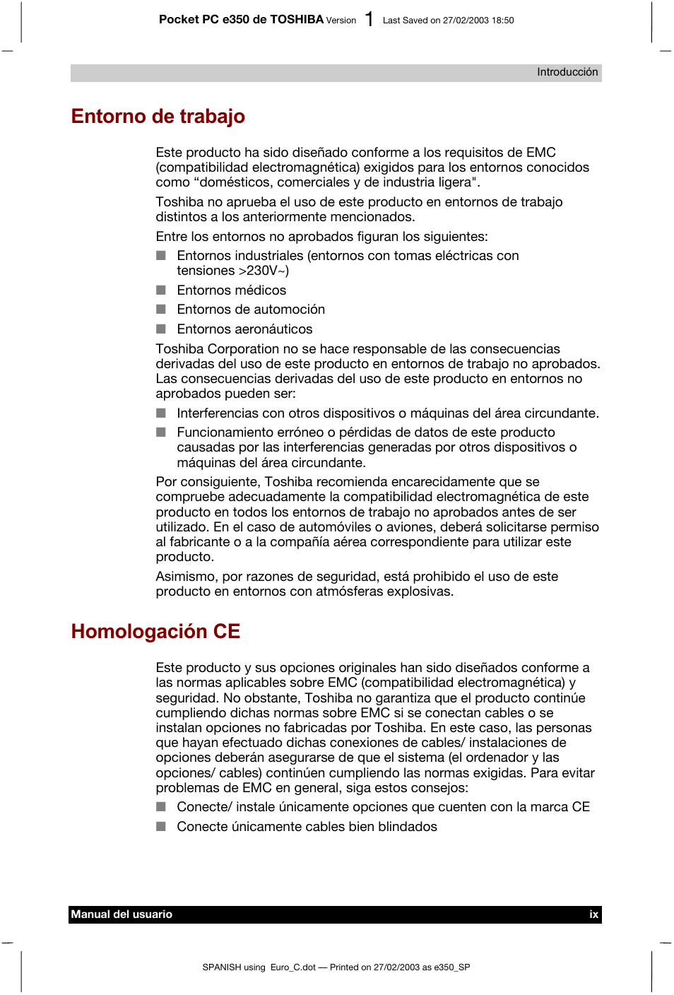 Entorno de trabajo, Homologación ce | Toshiba Pocket PC e330 User Manual | Page 9 / 109