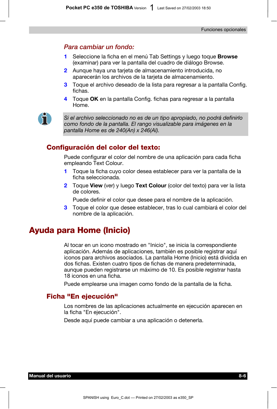 Configuración del color del texto, Ayuda para home (inicio), Ficha "en ejecución | Toshiba Pocket PC e330 User Manual | Page 90 / 109