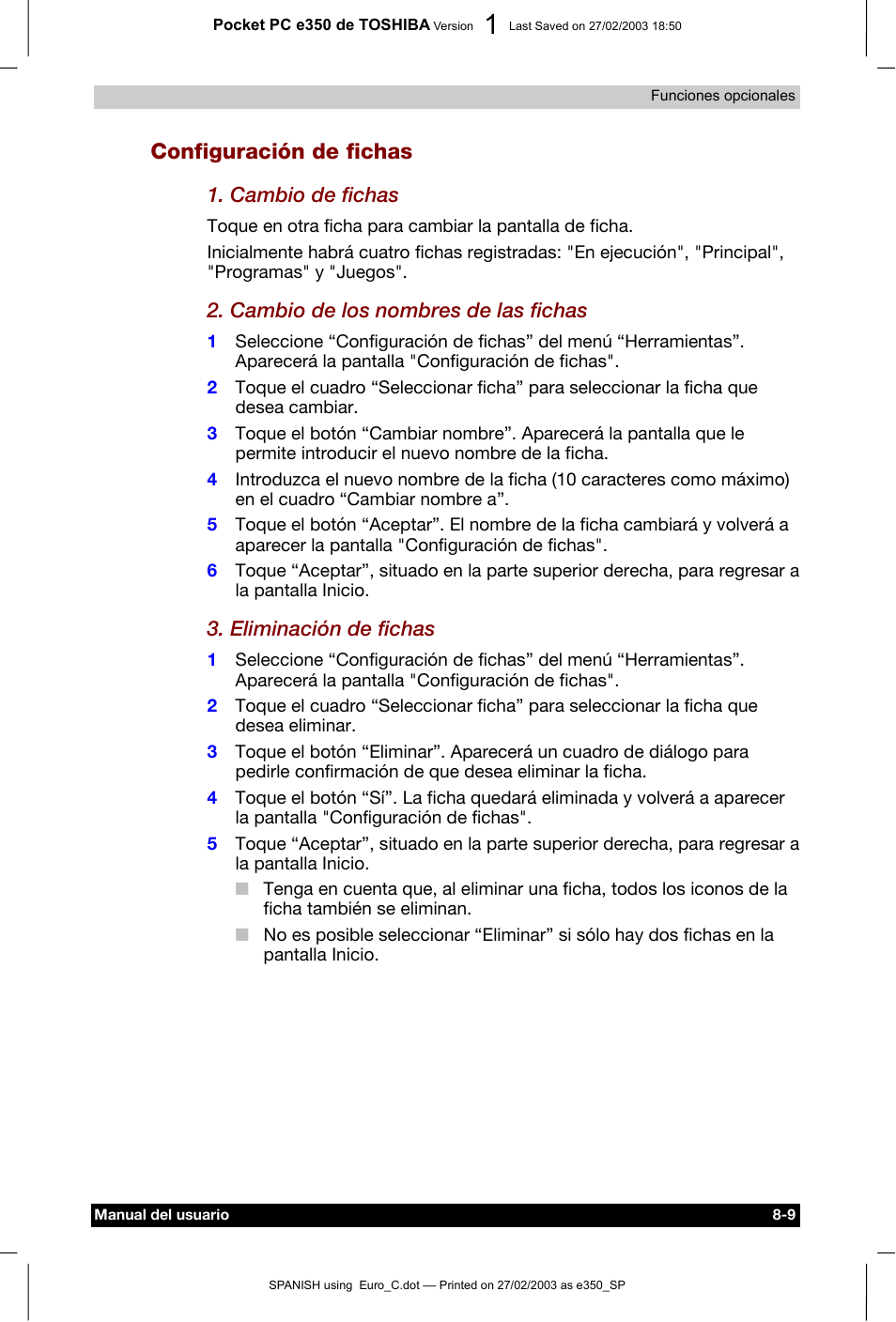 Configuración de fichas | Toshiba Pocket PC e330 User Manual | Page 93 / 109