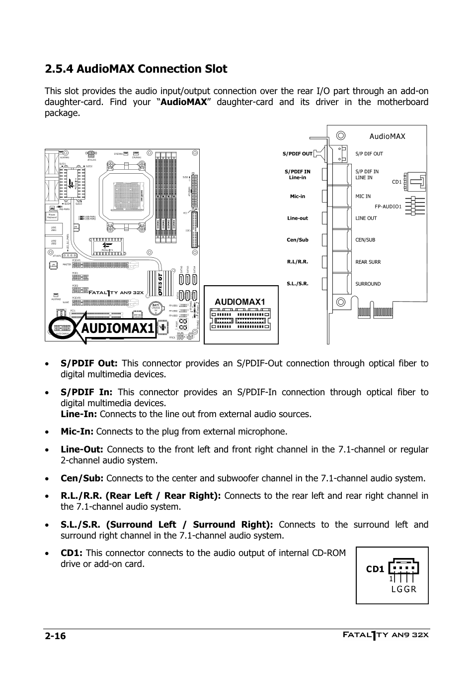 Audiomax connection slot, 4 audiomax connection slot -16, 4 audiomax connection slot | Abit AN9 32X User Manual | Page 26 / 56