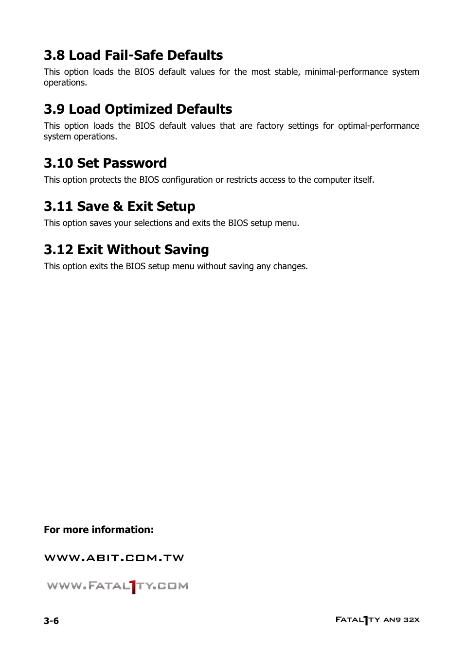 Load fail-safe defaults, Load optimized defaults, Set password | Save & exit setup, Exit without saving, 8 load fail-safe defaults -6, 9 load optimized defaults -6, 10 set password -6, 11 save & exit setup -6, 12 exit without saving -6 | Abit AN9 32X User Manual | Page 44 / 56