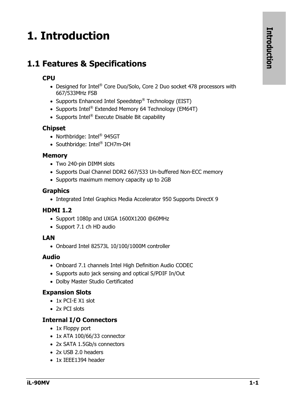 Introduction, Features & specifications, Introduction -1 | 1 features & specifications -1, 1 features & specifications | Abit IL-90MV User Manual | Page 5 / 72