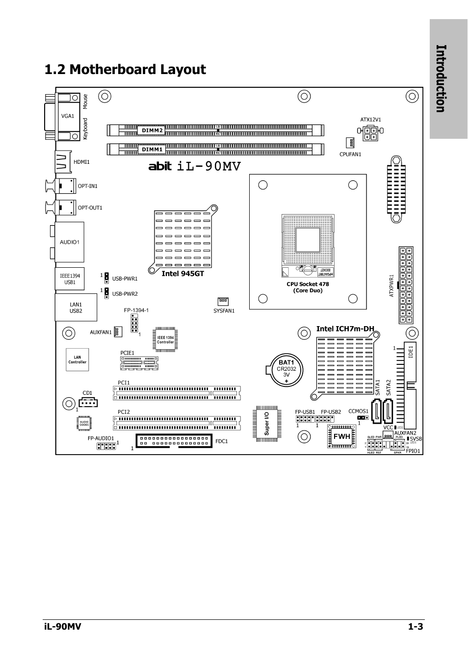 Motherboard layout, 2 motherboard layout -3, Introduction | 2 motherboard layout | Abit IL-90MV User Manual | Page 7 / 72