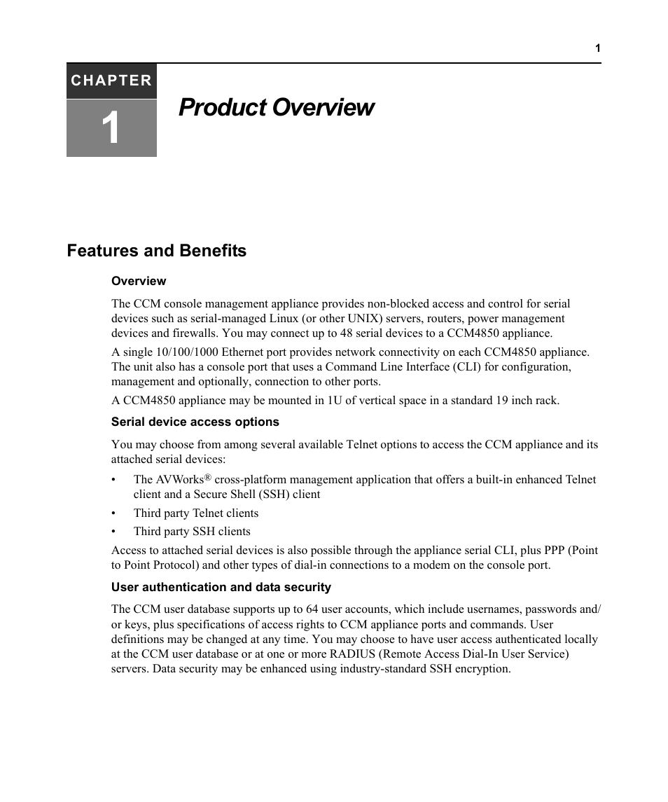 Product overview, Features and benefits, Chapter 1: product overview | Avocent CCM4850 User Manual | Page 13 / 100