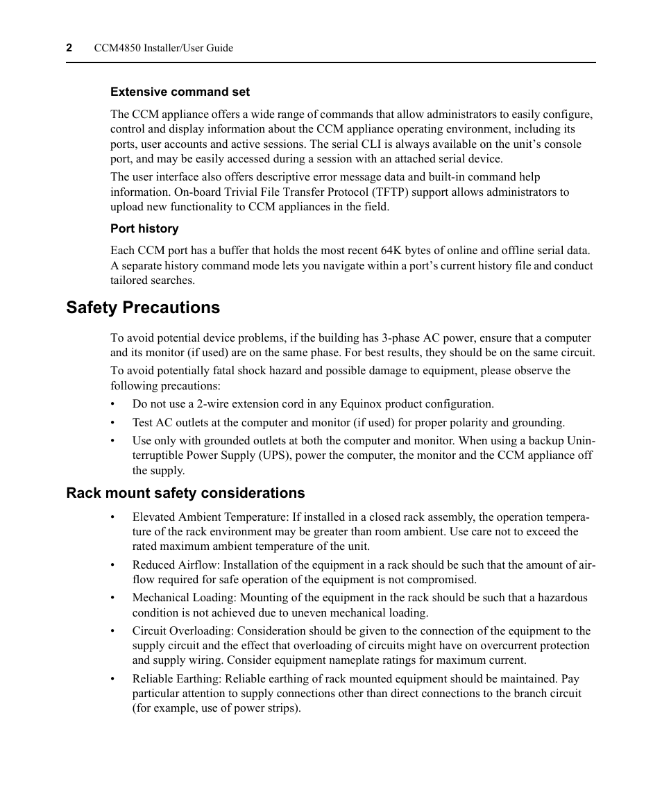 Safety precautions, Rack mount safety considerations | Avocent CCM4850 User Manual | Page 14 / 100
