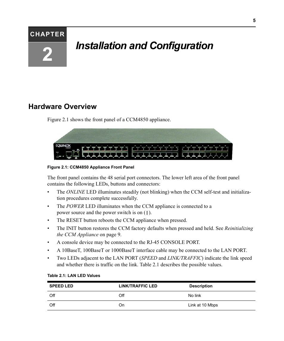 Installation and configuration, Hardware overview, Chapter 2: installation and configuration | Figure 2.1: ccm4850 appliance front panel, Table 2.1: lan led values | Avocent CCM4850 User Manual | Page 17 / 100