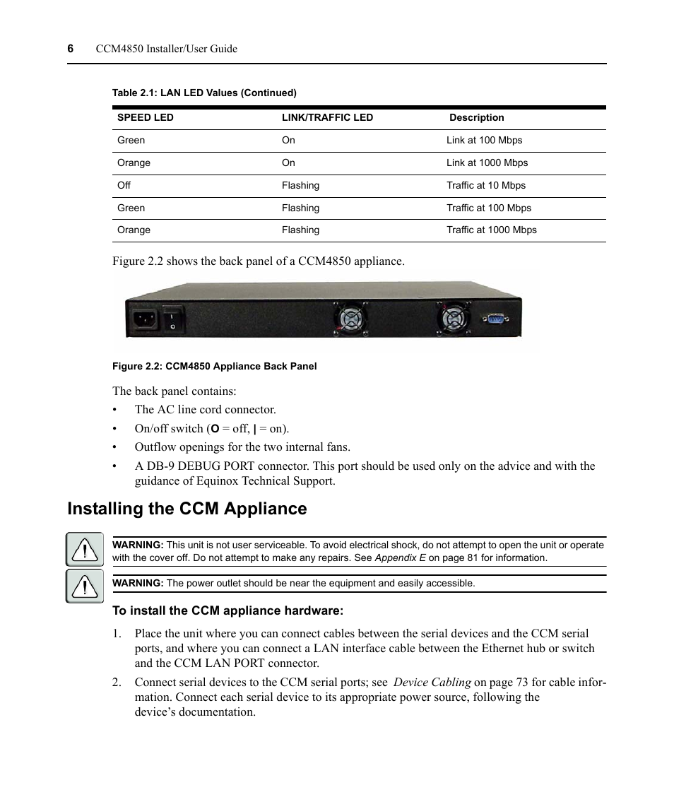 Installing the ccm appliance, Figure 2.2: ccm4850 appliance back panel | Avocent CCM4850 User Manual | Page 18 / 100