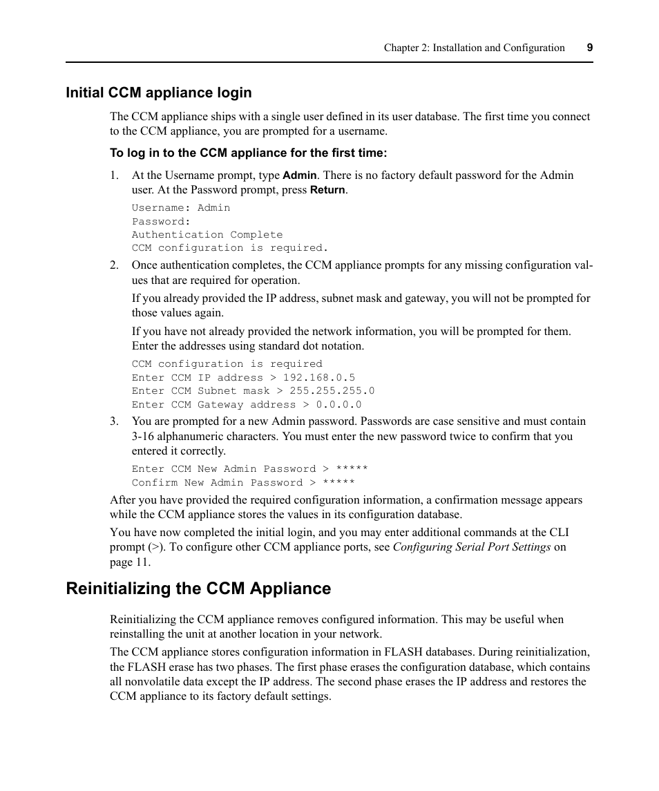 Initial ccm appliance login, Reinitializing the ccm appliance | Avocent CCM4850 User Manual | Page 21 / 100