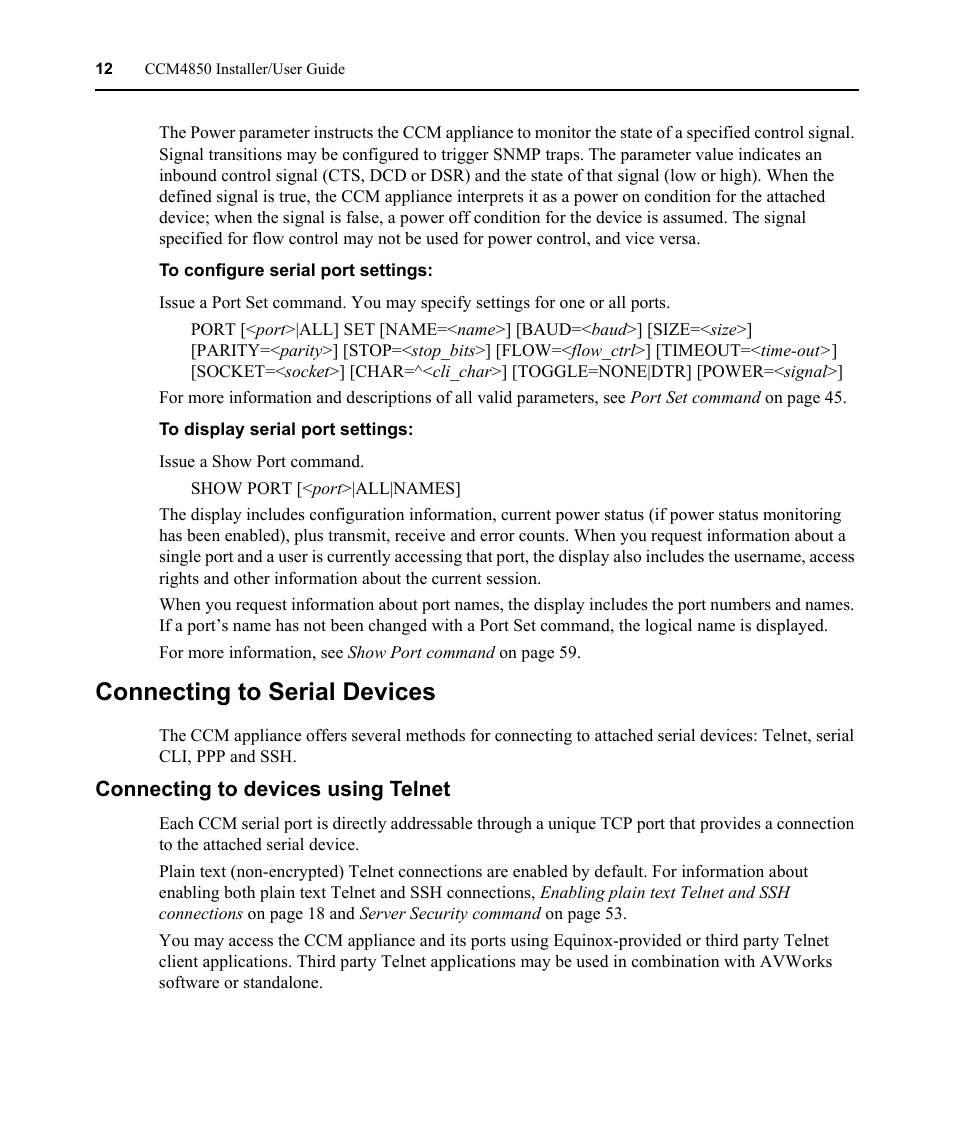 Connecting to serial devices, Connecting to devices using telnet | Avocent CCM4850 User Manual | Page 24 / 100