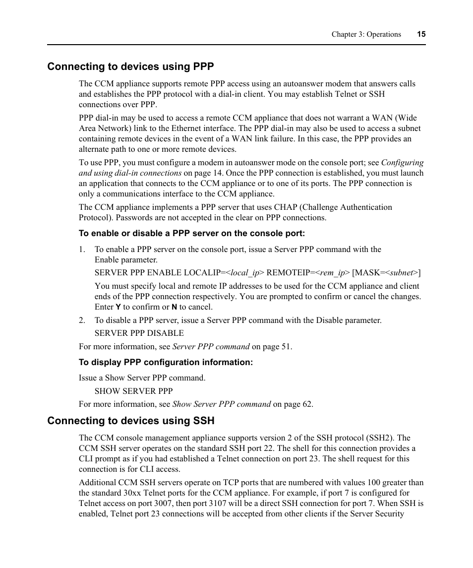 Connecting to devices using ppp, Connecting to devices using ssh | Avocent CCM4850 User Manual | Page 27 / 100