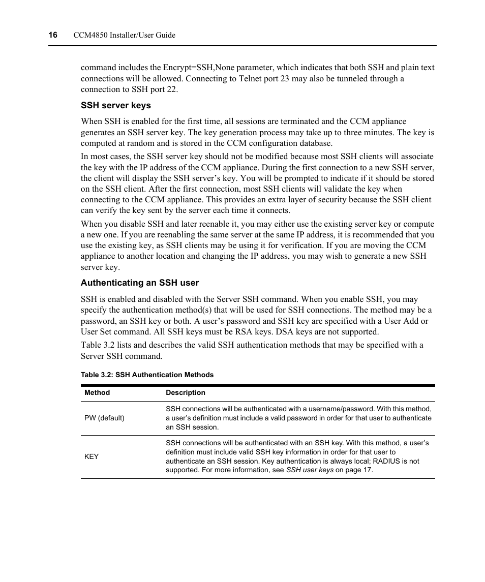Table 3.2: ssh authentication methods | Avocent CCM4850 User Manual | Page 28 / 100