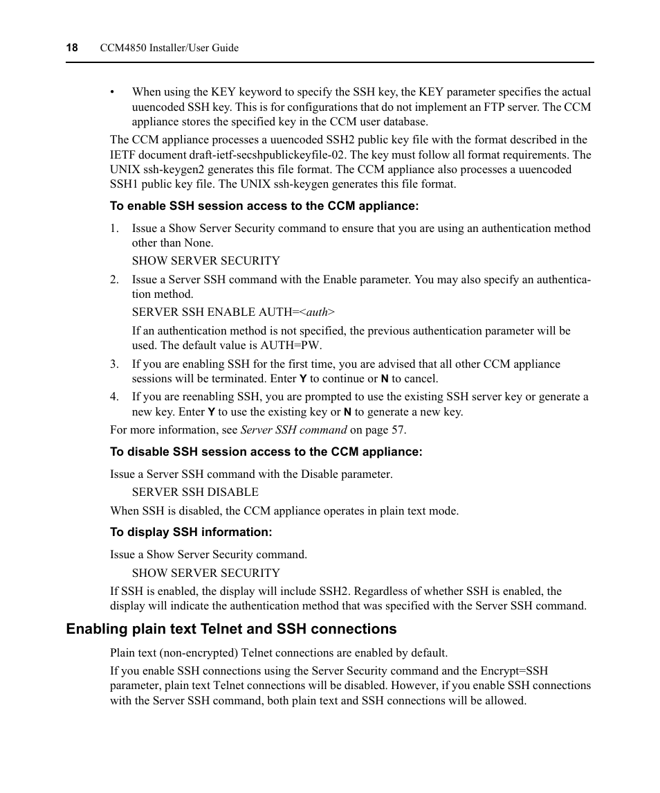 Enabling plain text telnet and ssh connections | Avocent CCM4850 User Manual | Page 30 / 100