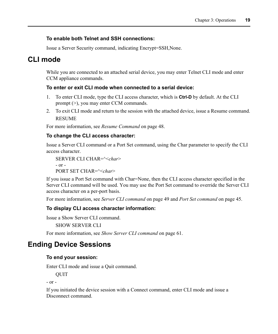 Cli mode, Ending device sessions, Cli mode ending device sessions | Avocent CCM4850 User Manual | Page 31 / 100