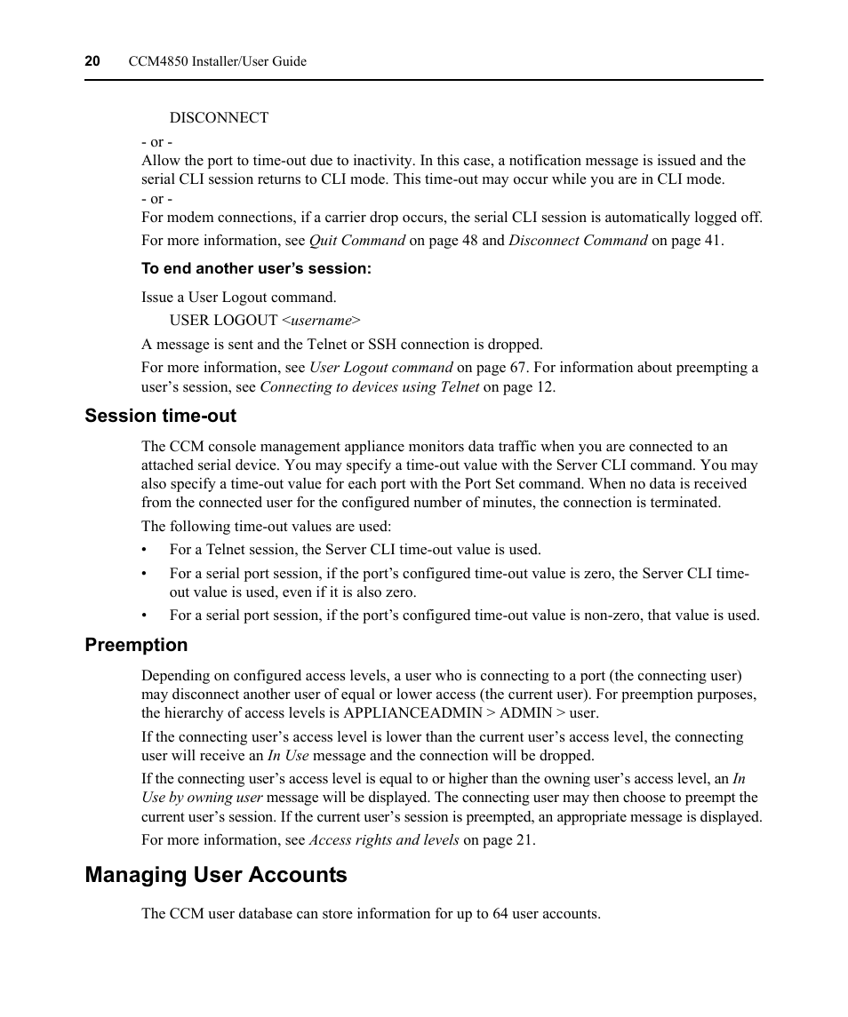 Session time-out, Preemption, Managing user accounts | Session time-out preemption | Avocent CCM4850 User Manual | Page 32 / 100