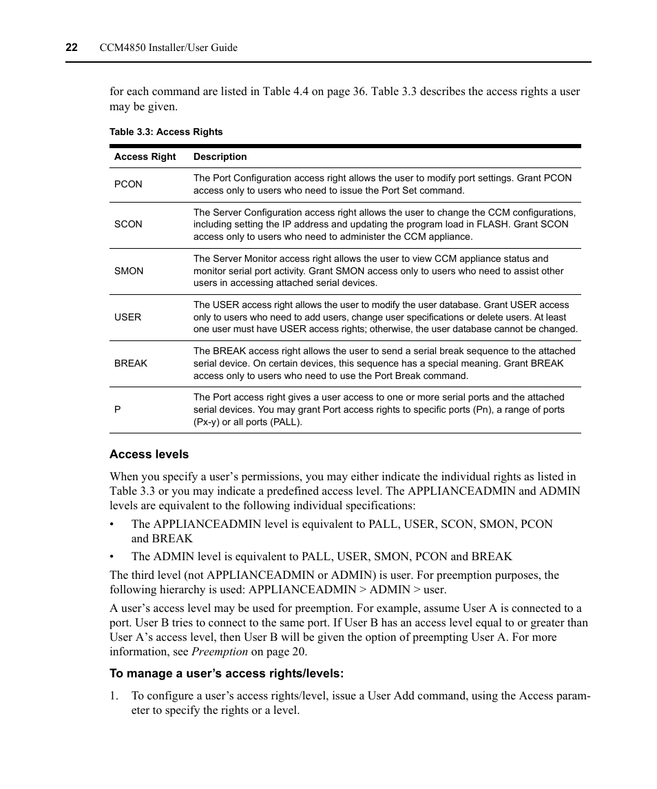 Table 3.3: access rights | Avocent CCM4850 User Manual | Page 34 / 100