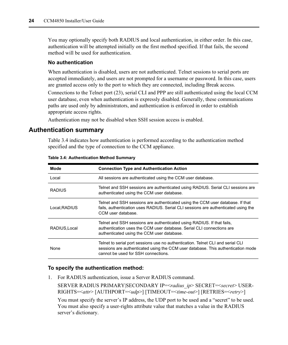 Authentication summary, Table 3.4: authentication method summary | Avocent CCM4850 User Manual | Page 36 / 100