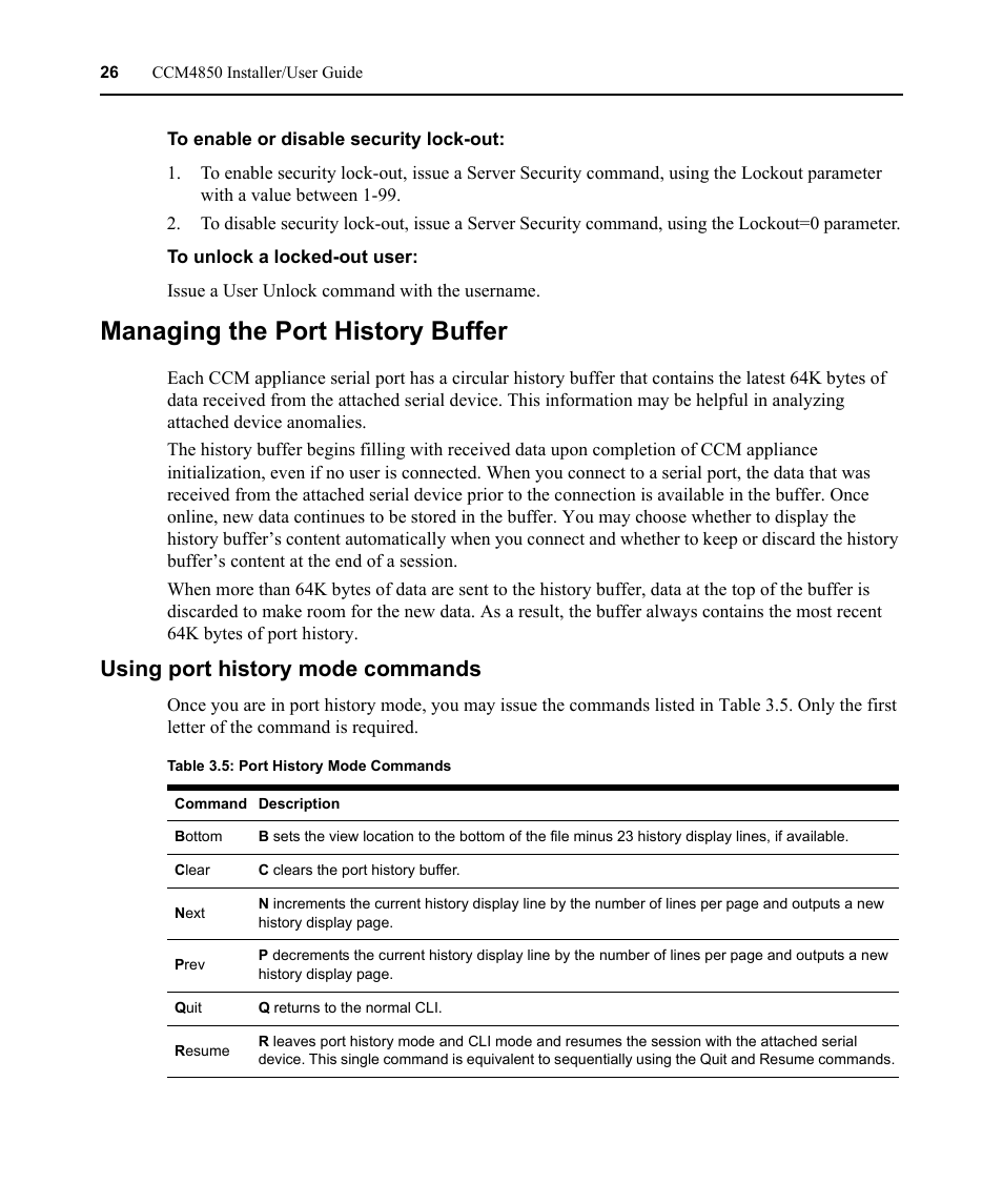 Managing the port history buffer, Using port history mode commands, Table 3.5: port history mode commands | Avocent CCM4850 User Manual | Page 38 / 100