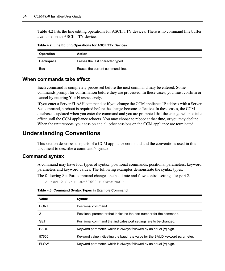When commands take effect, Understanding conventions, Command syntax | Table 4.3: command syntax types in example command | Avocent CCM4850 User Manual | Page 46 / 100