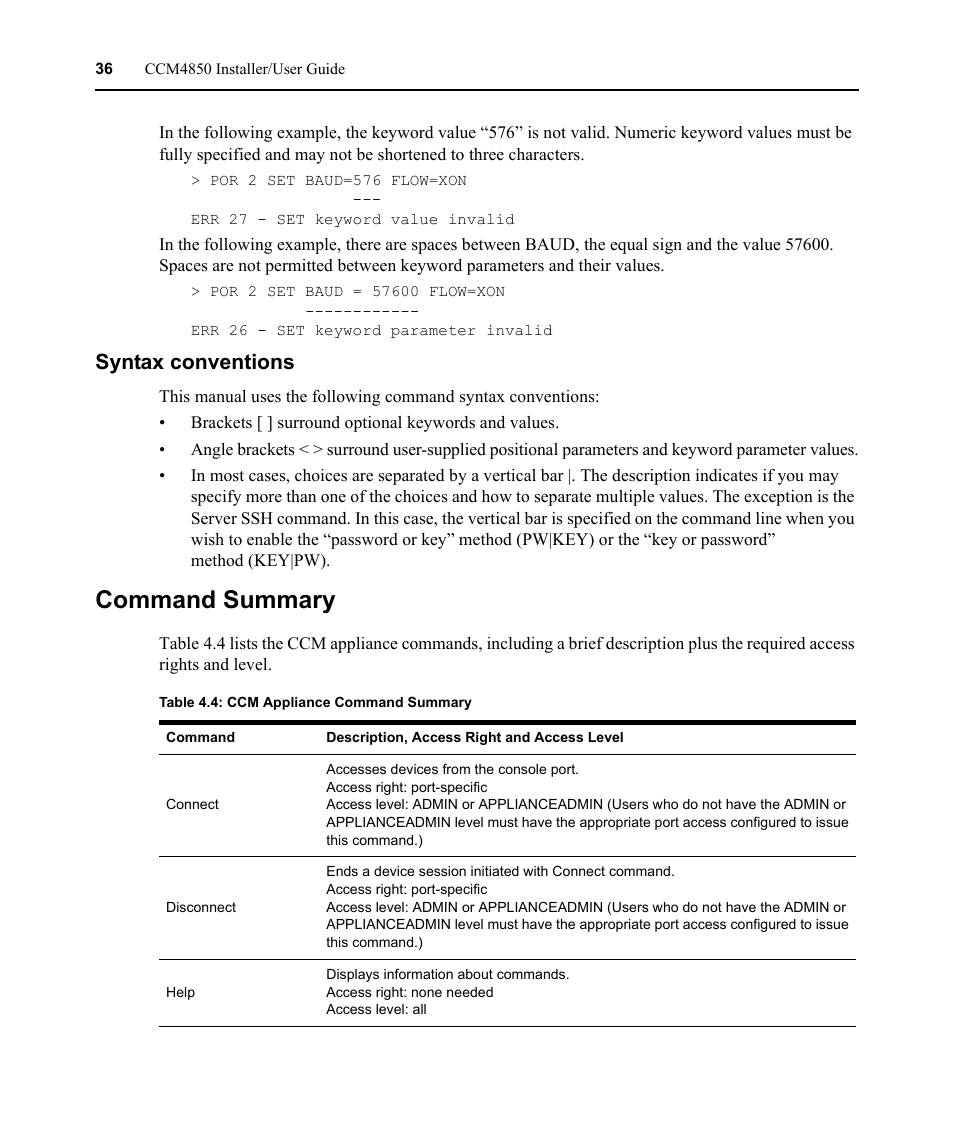Syntax conventions, Command summary, Table 4.4: ccm appliance command summary | Avocent CCM4850 User Manual | Page 48 / 100