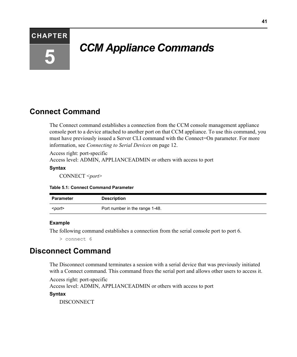 Ccm appliance commands, Connect command, Disconnect command | Chapter 5: ccm appliance commands, Connect command disconnect command, Table 5.1: connect command parameter | Avocent CCM4850 User Manual | Page 53 / 100
